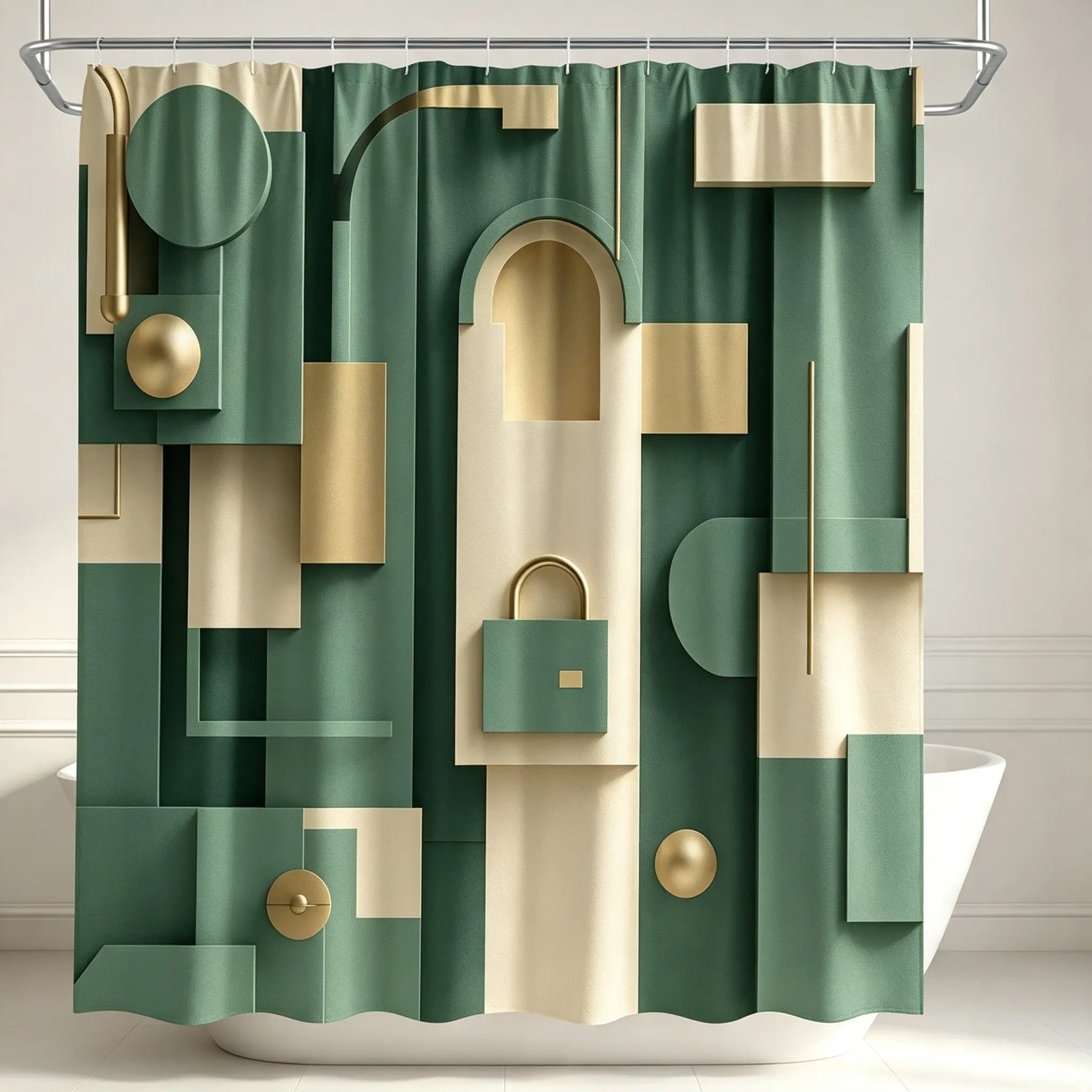 1 geometric abstract shower curtain, Aesthetic Shower Curtain, digital artwork, with soft green rice-toned graphics and central square lock design, modern minimalist composition, bathroom decoration, with 12 hooks