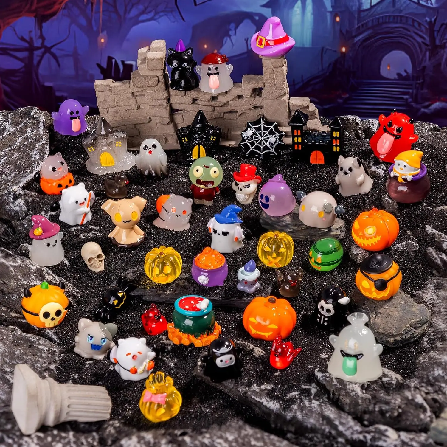 44P Bulk Resin Halloween Figurines, Tiny Details Miniature Statues for Micro Fairy Garden Landscape Accessories & Hide Crafts Home Decor, Bulk Set, Animal Shapes