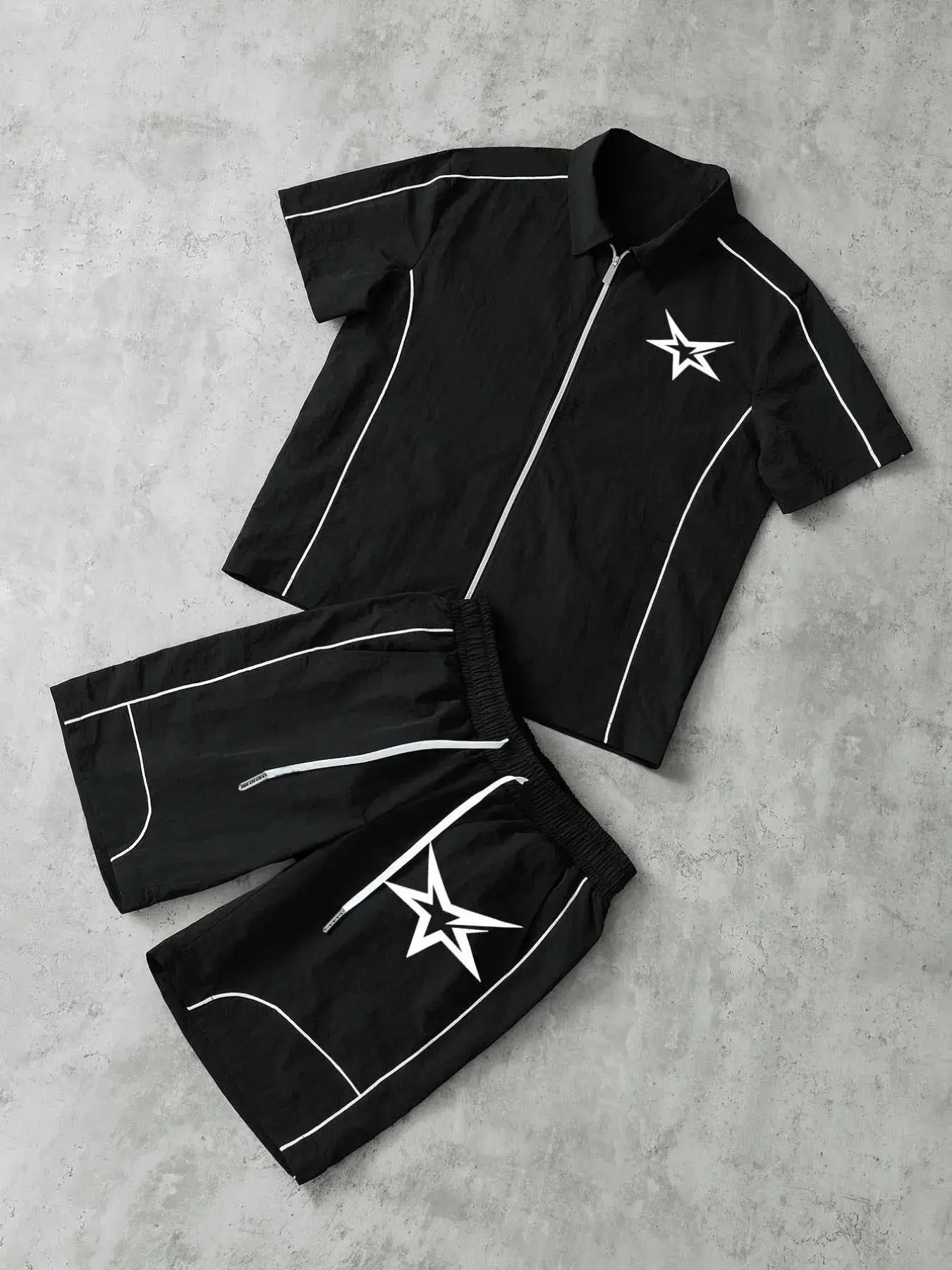 2 Pieces Men's Contrast Piping Sportswear Set, Black Star Graphic Short Sleeve Jacket & Loose Shorts, Breathable Casual Outfit For Outdoor Walking Gym, Athleisure Outfits, Gym Training Outfit