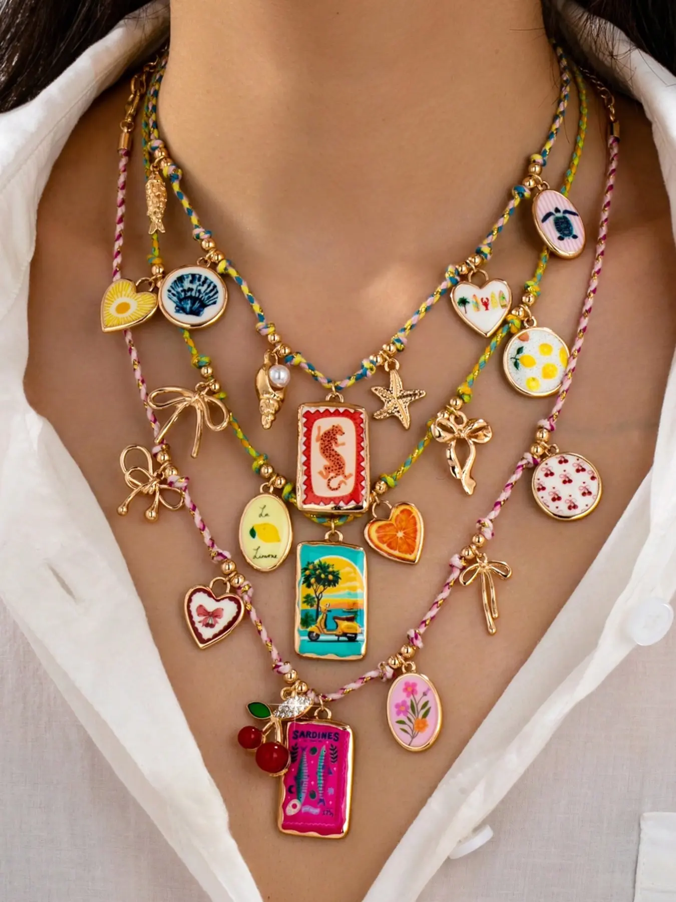 3 Pc Colorful Boho Layered Charm Necklace for Women, Beachy Enamel Peadant Necklace with Bow, Starfish & Fruit Charms, Braided Cord Statement Jewelry for Summer