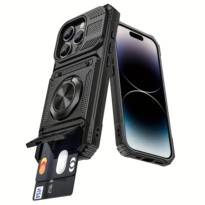 Durable Shockproof Metal Armor Smartphone Case for iPhone 17/16/15/14/13/12 Pro Max Plus Air, Hidden Cash Card Slot, Magnetic 360° Rotatable Ring Kickstand Handheld Cellphone Wallet Cover, Card Storage