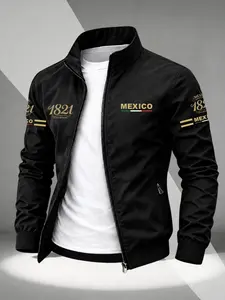 American Style Ethnic Stand Collar Jacket for Men, Waterproof Lightweight Zipper Design, Daily Streetwear Print Coat