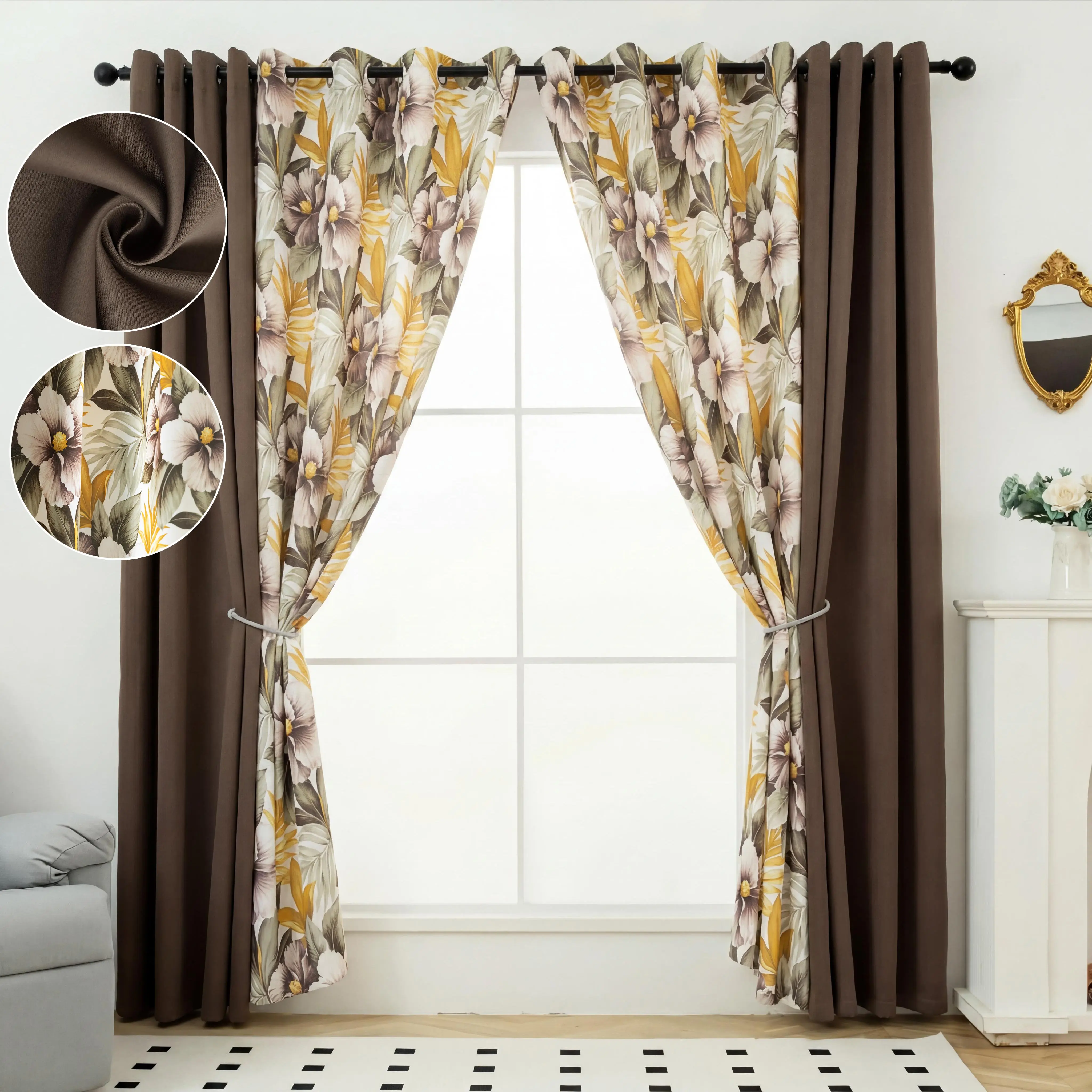 4-Panel 52"x84" Grommet Curtains Combo (2 Solid, 2 Printed Panels) – Thermal Insulated Soundproof Curtains for Bedroom, Living Room Decor, Decor for Living Room, Machine Washable QF222 & QF428