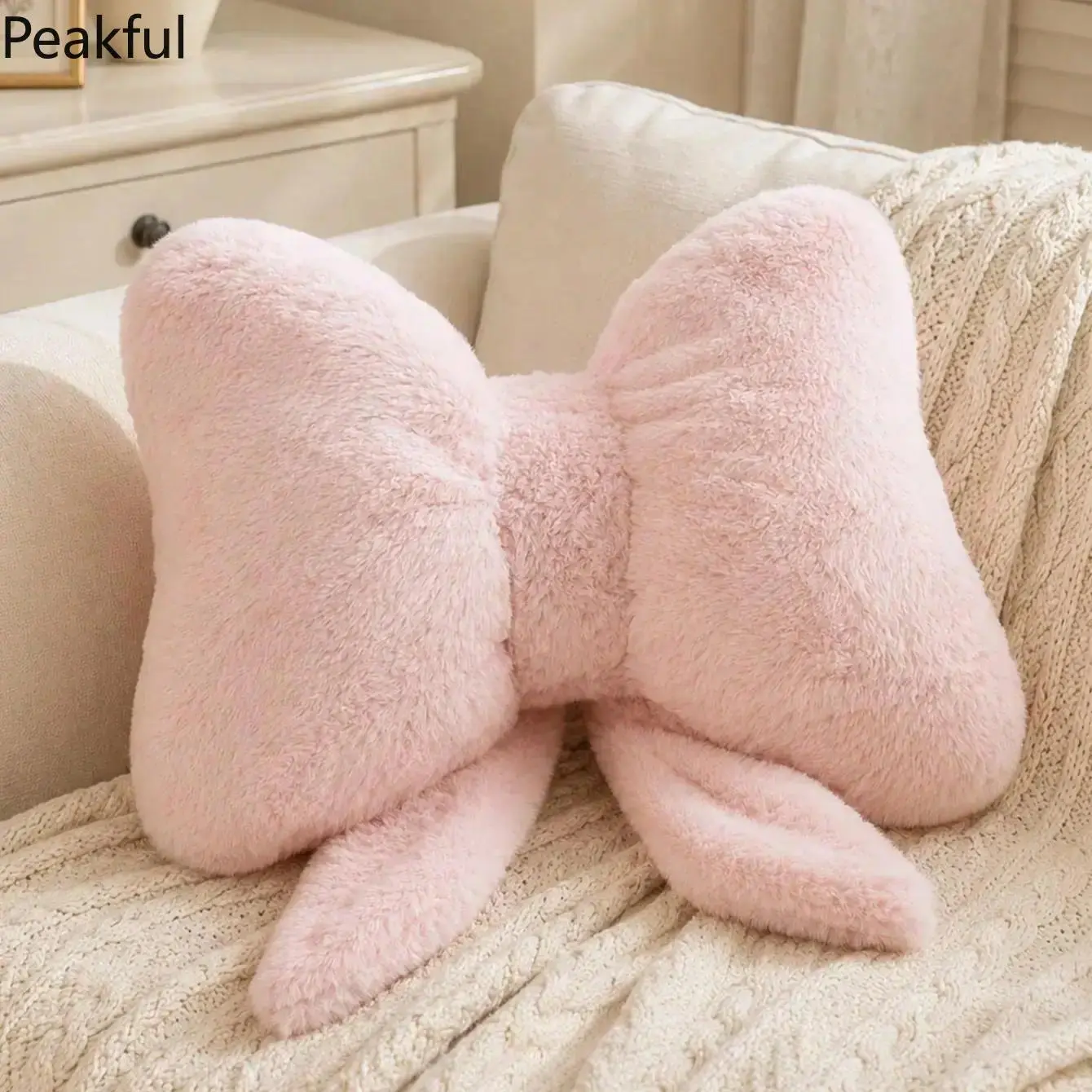Bow Shaped Fluffy Throw Pillow, Coquette Faux Fur Lumbar Cushion with 3D Ribbon Detail, Cute Plush Room Decor for Girls, Perfect Valentine’s Day Birthday Gift