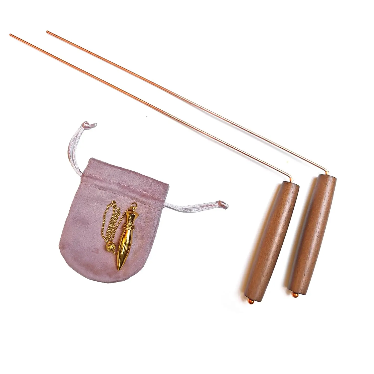 2 PCS Dowsing Rods Kit - Natural Walnut Wooden Handles Divining Rods with Brass Karnak Pendulum -Detect Spirit Hunting, Witching Sticks for Gold,Paranormal, Yes No Questions