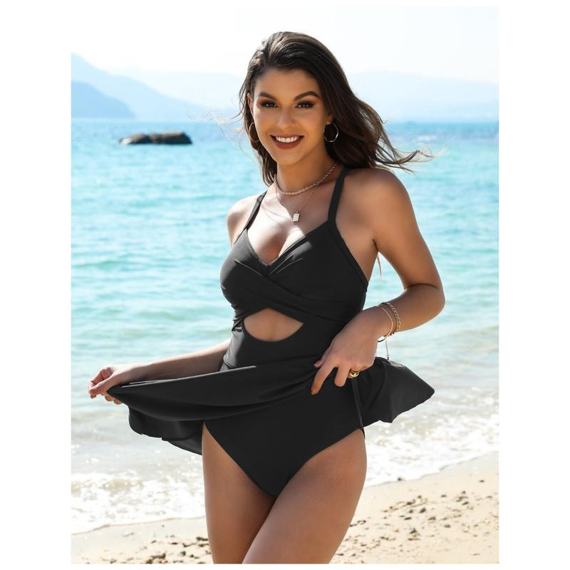 Womens One Piece Swimsuit Cut Out Cross V-Neck Swimdresses with Tummy Control Bottom Bathing Swim Suit Women 2026