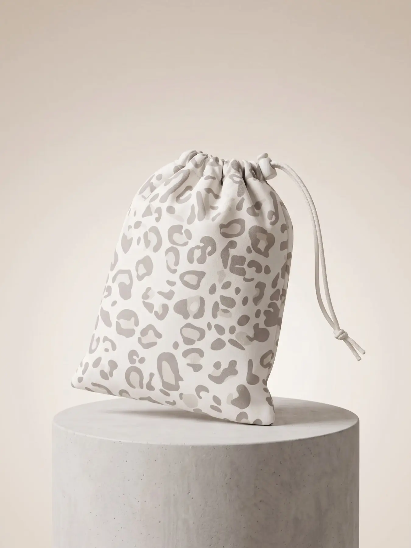 Cream Grey Leopard Print Drawstring Pouch Bag, Soft Smooth Fabric Cosmetic Storage Sack, Adjustable Drawstring Closure, Portable Lightweight Design, Cute Neutral Leopard Pattern, Multi-purpose Small Organizer Bag for Makeup, Jewelry, Travel Essentials