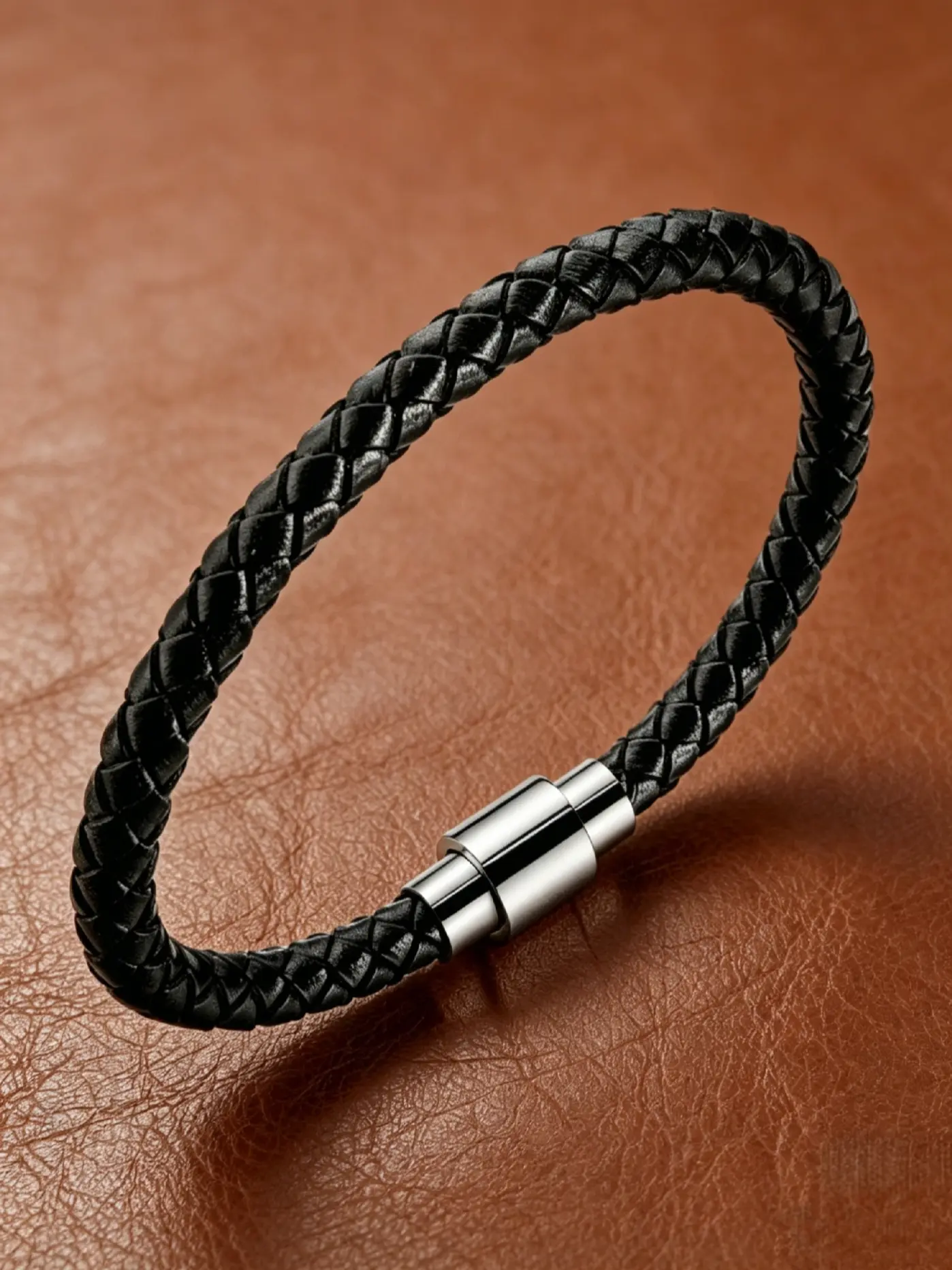Elegant Full Braided Leather Wristband with Metal Magnetic Clasp, Casual Houndstooth Pattern, Perfect Gift for Men, All Seasons Accessory