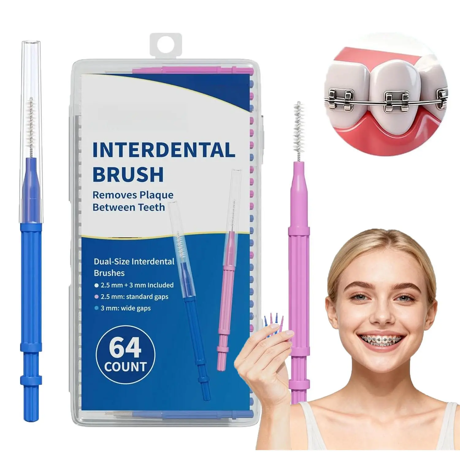 64 Pcs Interdental Brushes for Braces, 2 Sizes Professional Teeth Floss Cleaners, Reusable Dental Gap Cleaning Tools for Deep Cleaning Between Teeth and Orthodontic Braces