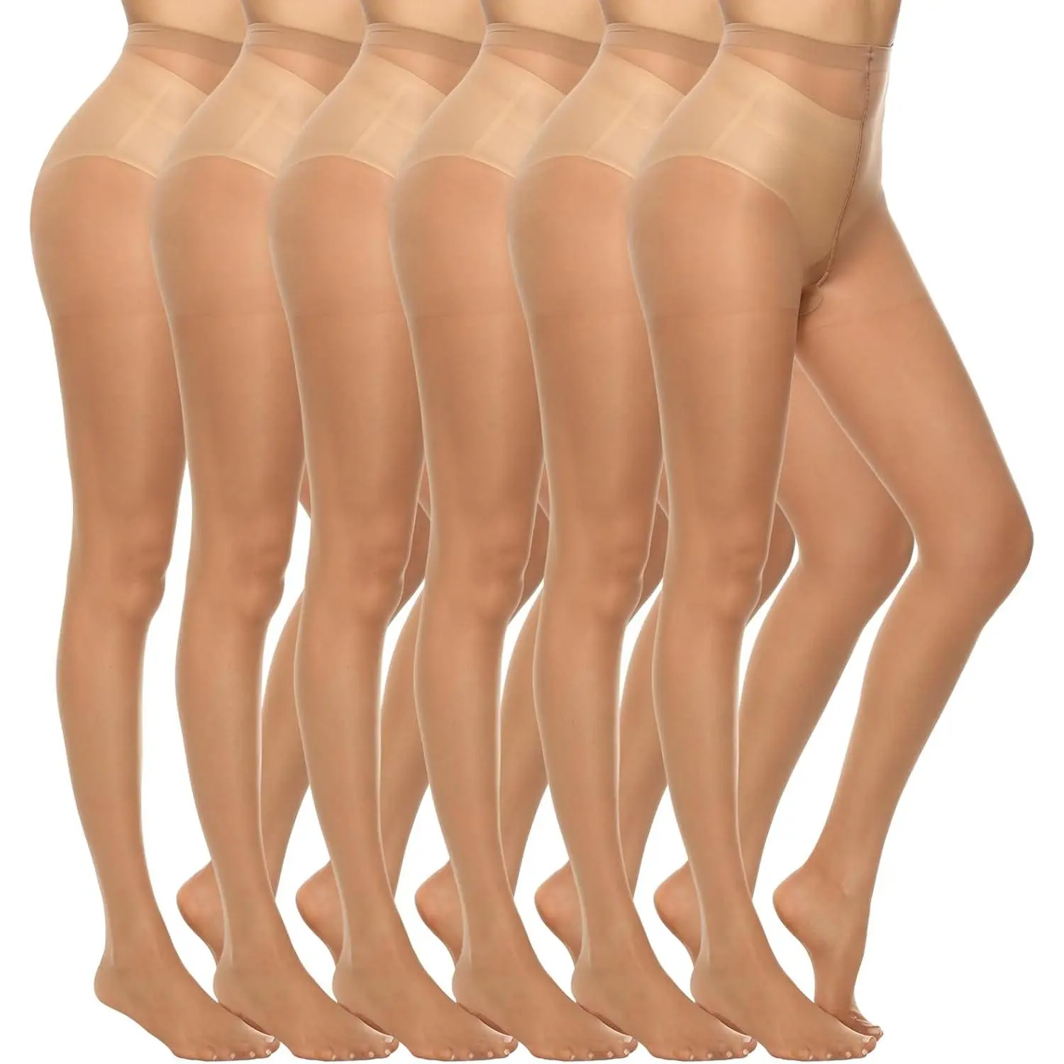 6 Pairs Women's 20D Sheer Silky Pantyhose Run Resistant Nylon Tights High Waist Stockings with Control Top