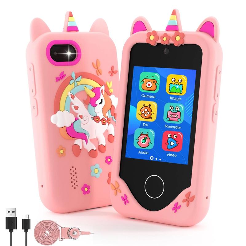 Touchsreen Phone with Unicorn Silicone Cover, Dual Camera, Recorder, Habit Tracking, Learning Games, MP3 Player, Calculator for Christmas Birthday Gifts