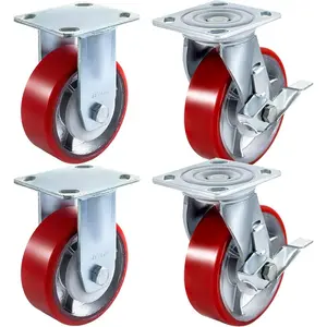 VEVOR Caster Wheels Set of 4, 6 Heavy Duty Casters (2 Rigid and 2 Swivel Casters with Side Brake) Polyurethane Iron Core Plate 4000LBS Capacity