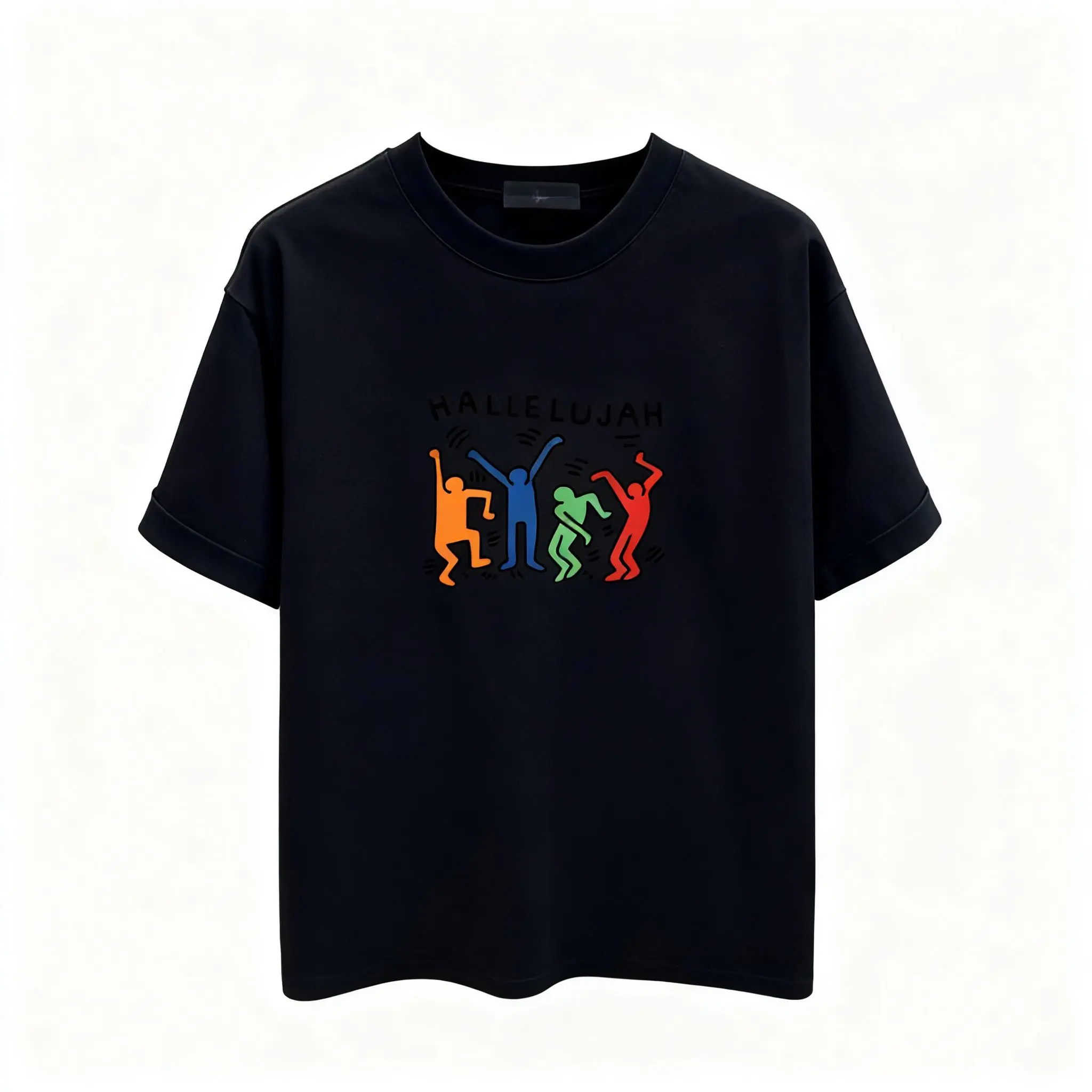 Unisex Fit Round Neck Multi-Size T-Shirt - Hallelujah Dancing Stick Figure Rainbow Graphic, Keith Haring Inspired Art, Casual Streetwear Short Sleeve Tee