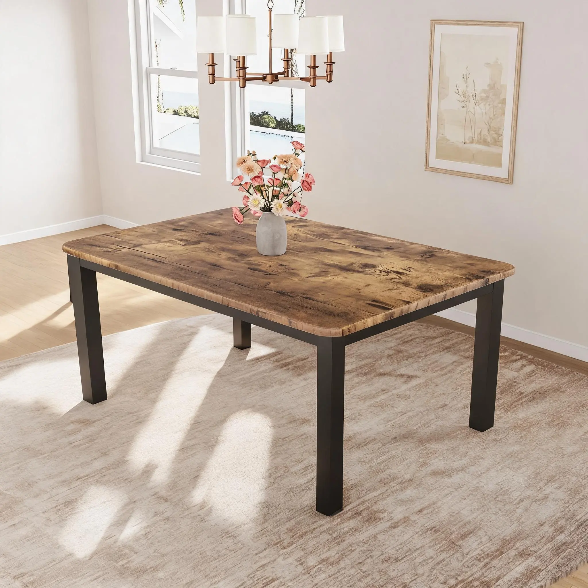 Industrial Dining Table for 4-8 People - Large Rectangular Kitchen & Dining Room Table - Sturdy Metal Frame - High Density Waterproof MDF - Versatile for Home, Office, Living Room - Only Table