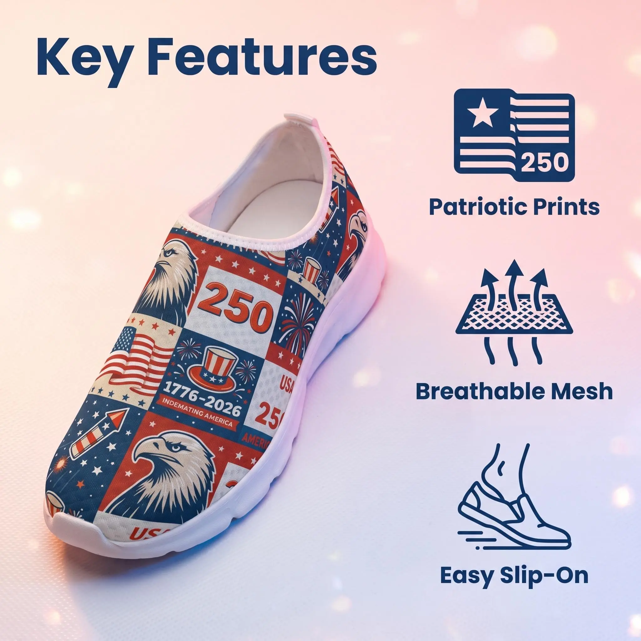 Men's Slip-On Casual Trainers with USA 250th Anniversary Graphic, Breathable Low-Top Mesh Shoes with Non-Slip EVA Soles for Everyday Walking, American Flag, Classic Flag, Athleisure Casual Trainers, 250Th American Flag Eagle