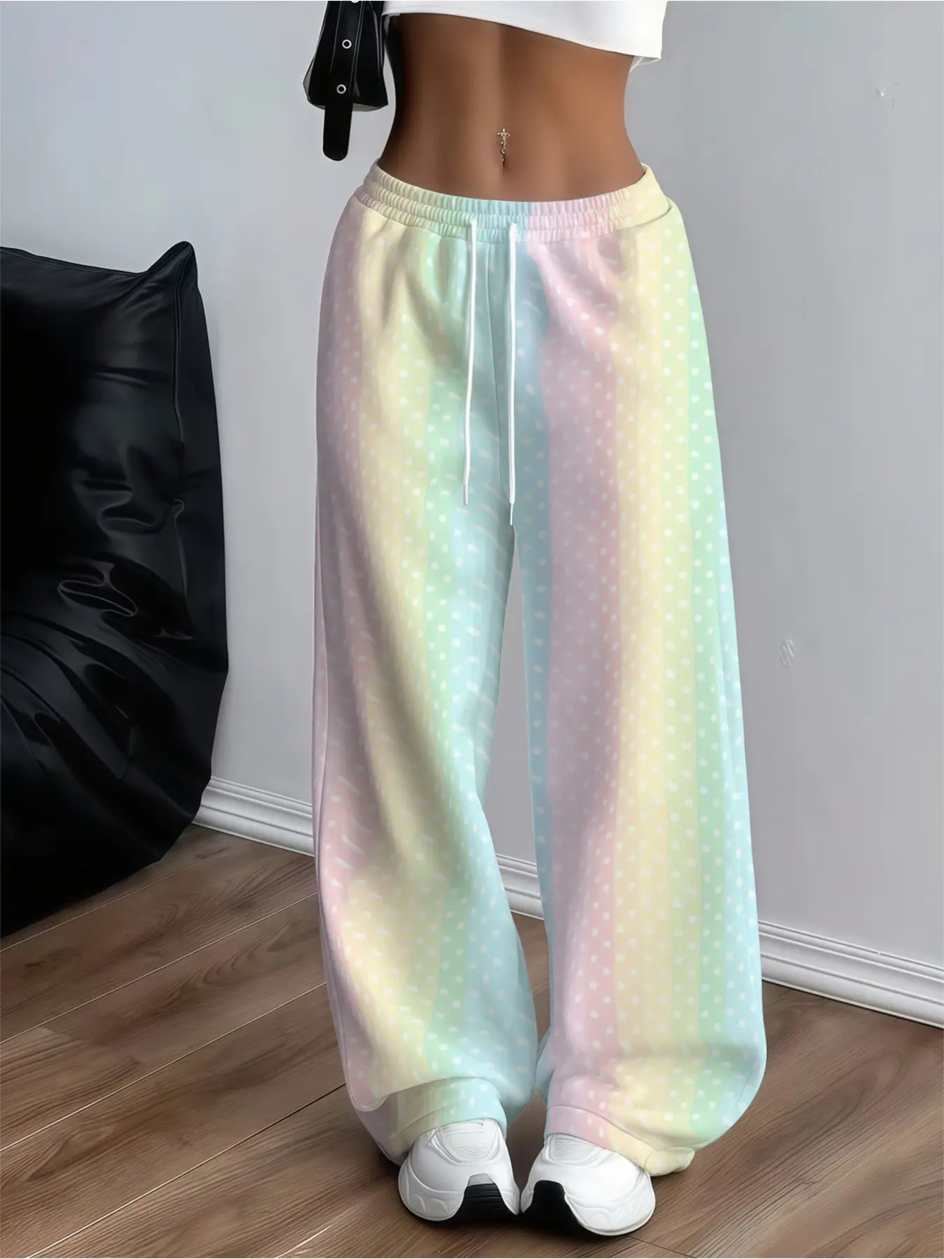 Women Y2K Rainbow Polka Dot Wide Leg Sweatpants Pastel Gradient Striped Drawstring Elastic Waist Loose Baggy Trousers With Pockets Soft Comfy Casual Streetwear Aesthetic Pants for Daily Loungewear School Going，Out Sport Fall Spring Outfits Teen