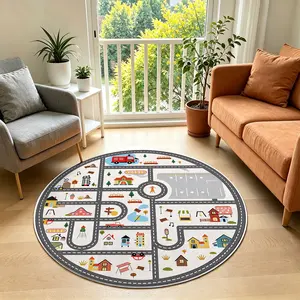 Circle Rug 3ft, Small Round Rugs Non Slip Washable, Interactive Road Map Rug - Non-Slip City Traffic Game Round Mat, Educational Play Carpet for Playroom