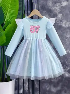 Girls' Long Sleeve Dress, Fashion Princess Dress, Star Moon Gradient Mesh, Trendy digital 6 and 7 with bow print, Girl's Gift , Perfect  for spring, autumn, and winter, back-to-school, Christmas, birthday parties, vacations, daily wear