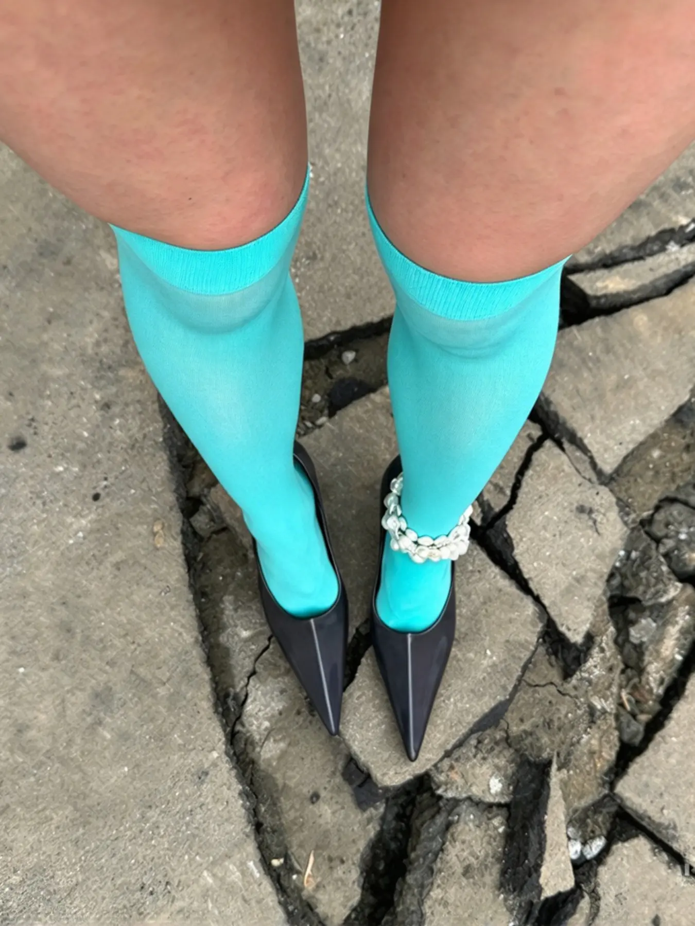 Y2K Millennial Style Plain Calf High Socks, Lake Blue High Elasticity, Sweet Cool Style with Heels, All Seasons Happy Socks