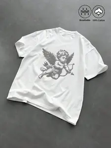 Men's 100% Cotton Rhinestone‑Style Cupid Angel Dot Graphic T‑Shirt, White Y2K Vintage Streetwear Oversized Tee, Breathable Casual Crew Neck Short Sleeve Top for Gen Z