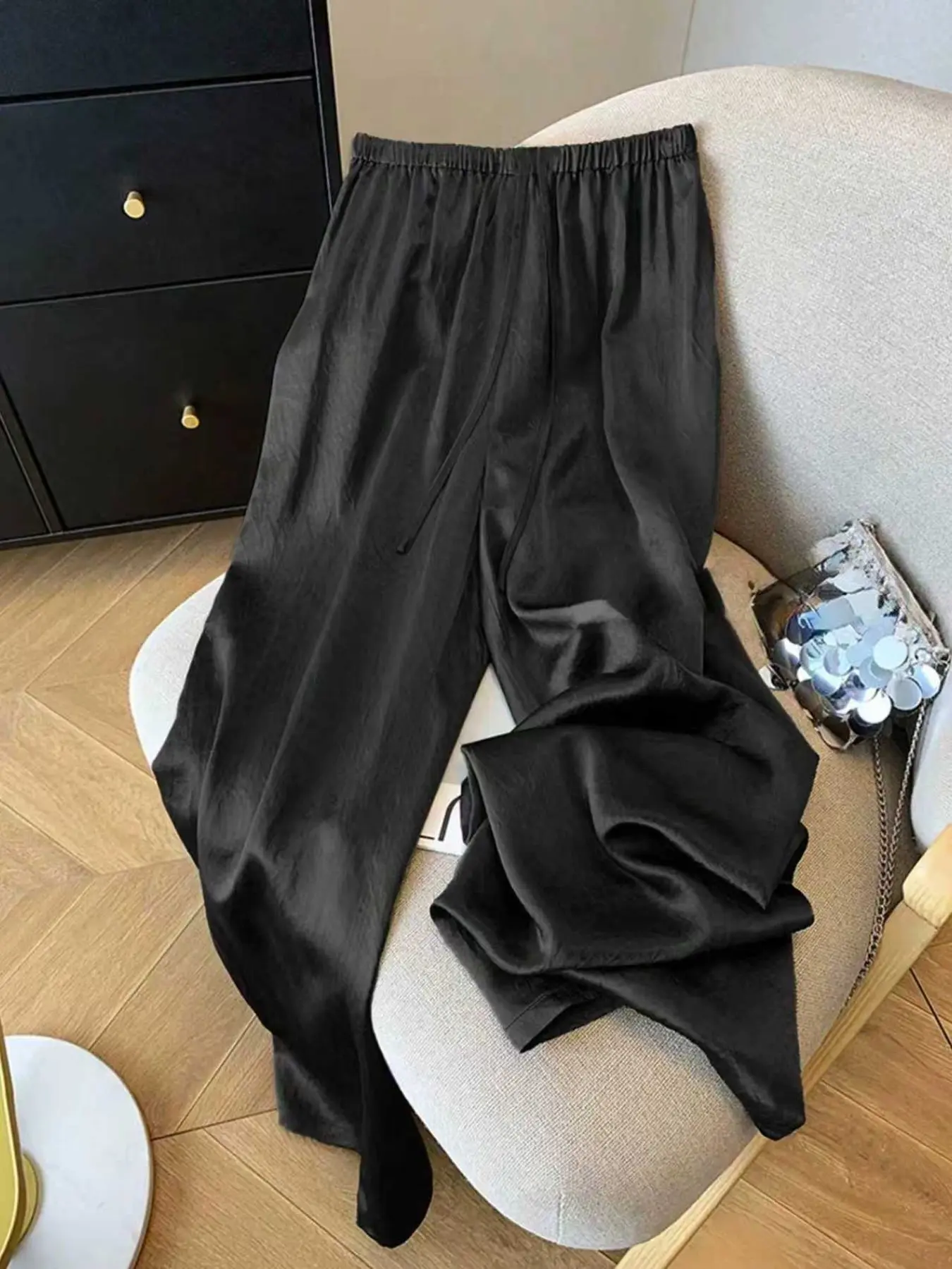 Women's Spring Summer Mid-Waist Everyday Casual Vintage Wide Leg Pants, Solid Color Drawstring Pocket Design, Perfect for Daily Wear