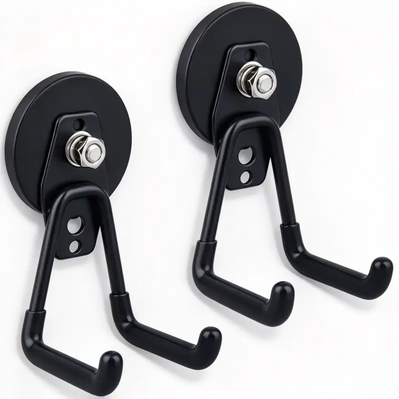 Heavy duty magnetic garage hooks with strong large magnets. Ideal for hanging drills, axes, garden tools and water pipes. Compatible with pegboards. Great for garage, workshop, indoor outdoor storage to organize your tools neatly.