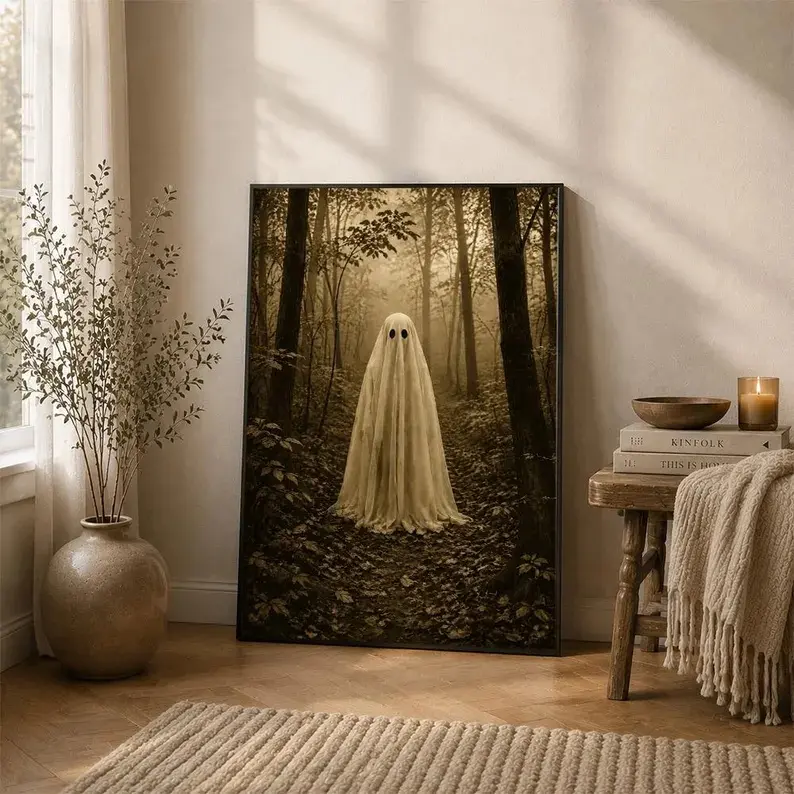 Ghost Forest Wall Art, Gothic Vintage Poster Print, Dark Academia Nature Decor, Spooky Halloween Artwork, Gift for Gothic Lovers