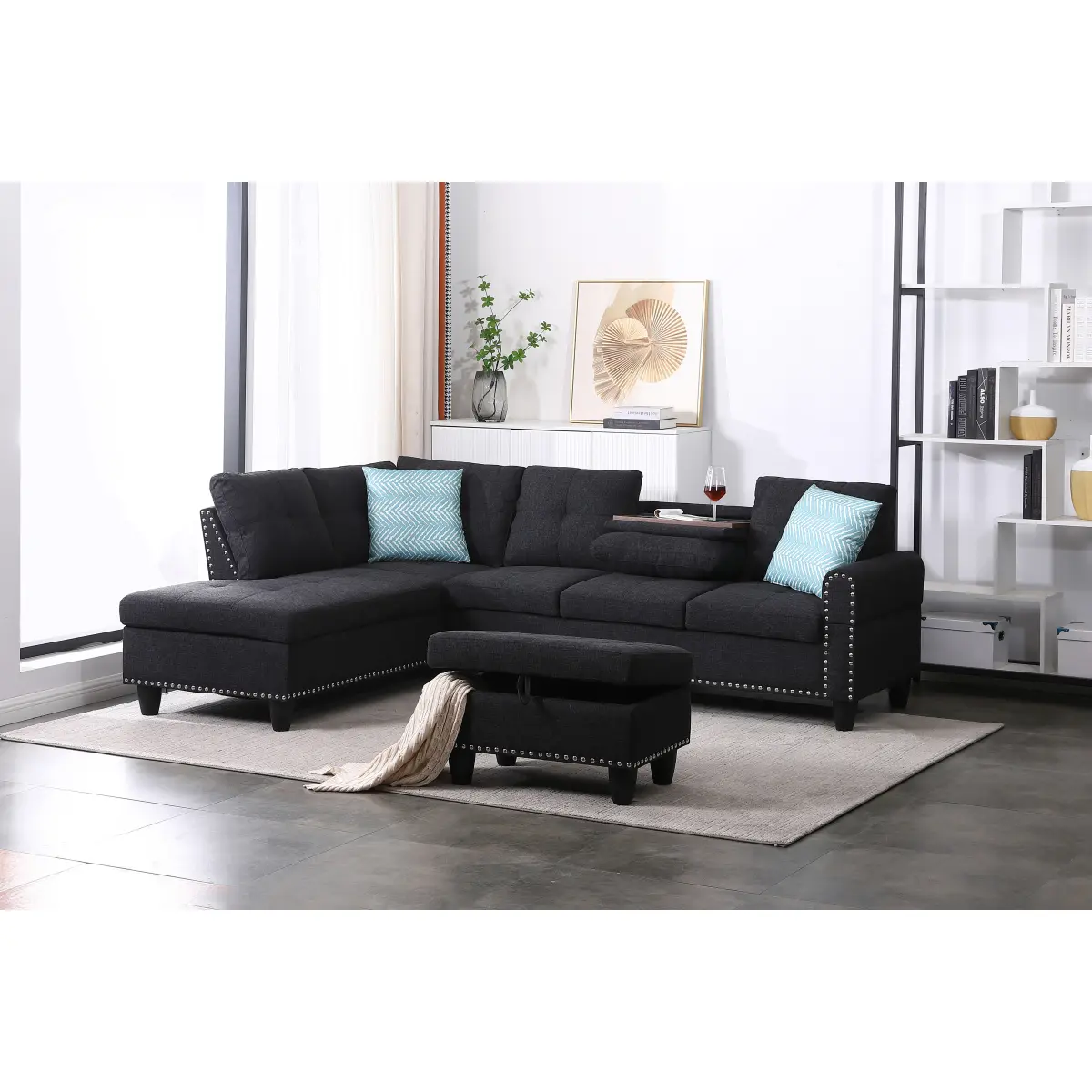 3-Piece Traditional Nailhead Trim L-Shaped Sectional Sofa - Comfy Couch with Round Arms, Foam Cushioning, 4 Seats, Cupholders, 175.50 lbs Indoor Living Room Furniture for Watch Parties