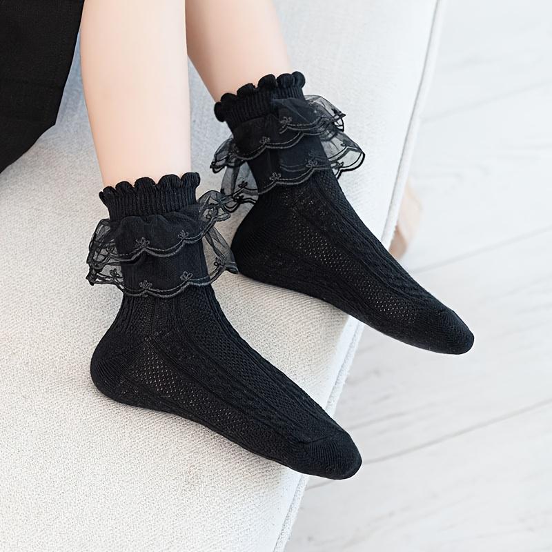 (New)New[Breathable Lace Socks] 5 Pairs Breathable Girls' Lace Ruffle Socks |               Polyester Blend, Comfortable, All-Season White Princess Socks for Dancing, Hand Wash Only, Dancing Socks |               Ruffle Detail Socks |               Knit T