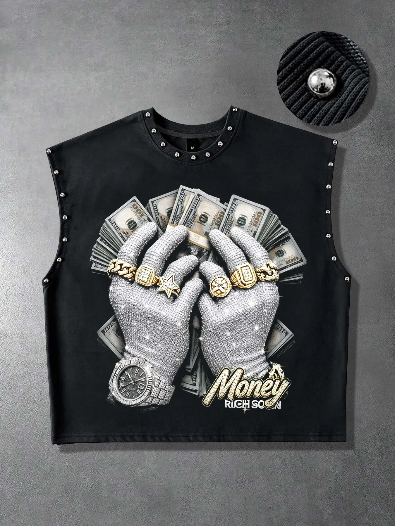 Unisex hip-hop style sleeveless tank top vest featuring a cool "money" theme, studded trim, and rhinestone-embellished glove and dollar-stack art prints; designed with a loose black fit and crew neck—a versatile, casual streetwear staple.