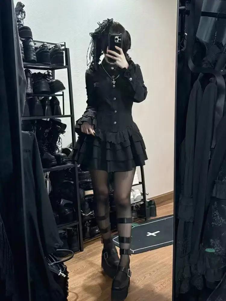 Aesthetic Vintage Slim Sleeveless Black Dress Women Gothic High Street Skinny Ruffle Retro Dresses Y2k Chic Belt New Clothing