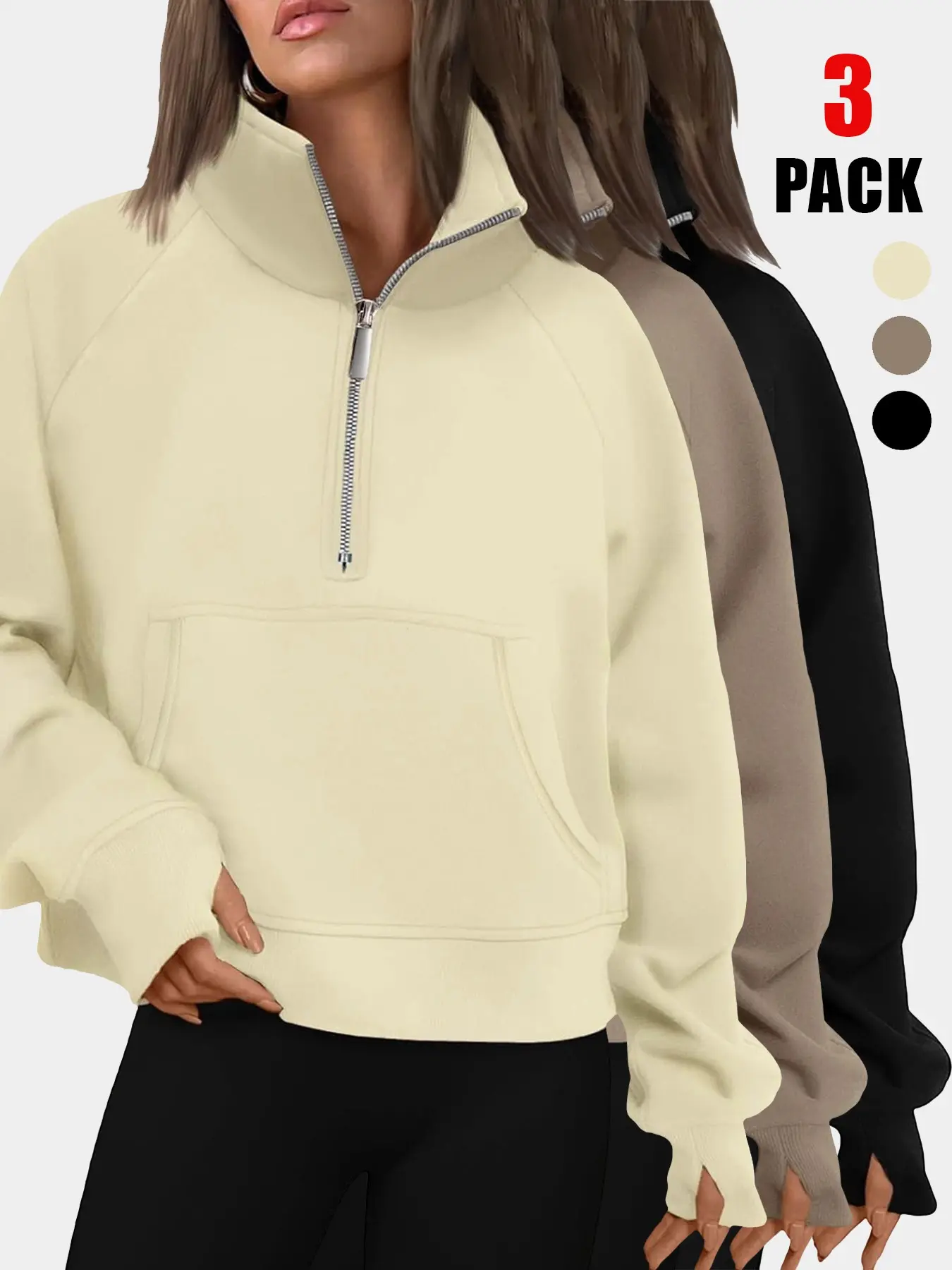 Women's Fall Winter Half Zip Cropped Sweatshirt, Stand Collar Pullover, Kangaroo Pocket, Thumb Holes, Cozy and Stylish