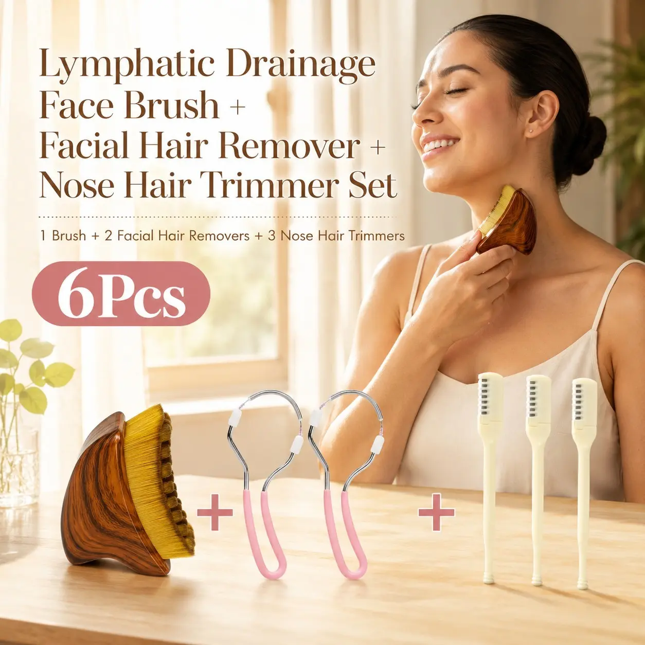 6PCS Beauty Grooming Set, Lymphatic Drainage Facial Massage Brush, Spring Facial Hair Remover, Manual 360° Nose Hair Trimmer Kit, Portable Skin Care Tools, Travel Essentials Gift for Women Men