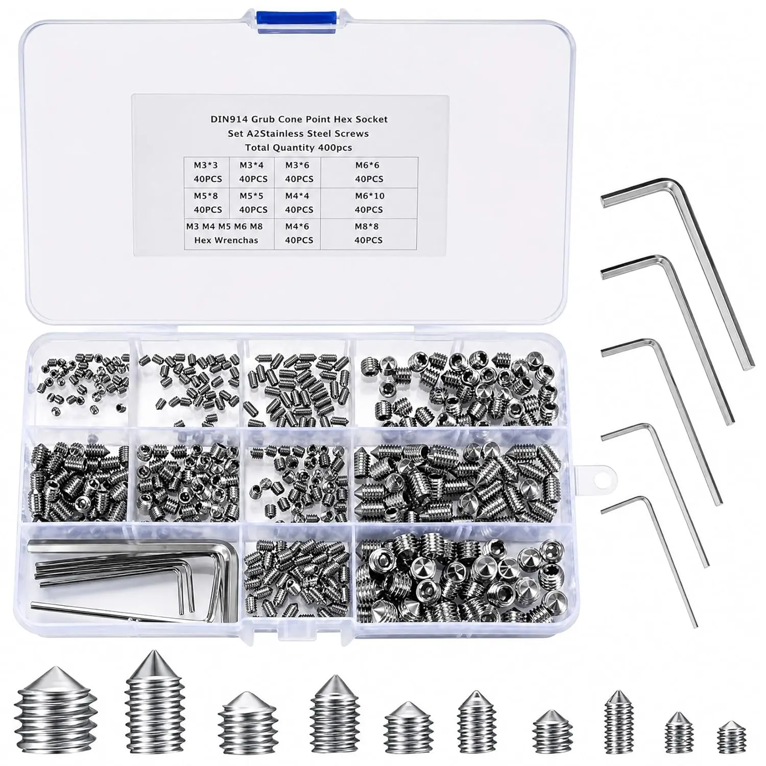 400 count Set Screw  Kit, Hex Allen  Socket Cup Point Screws Set, Metric M3/M4/M5/M6/M8 Internal Hex Drive Grub Set Screws for Door Handles, Bathroom Fixture, with Hex Wrenches