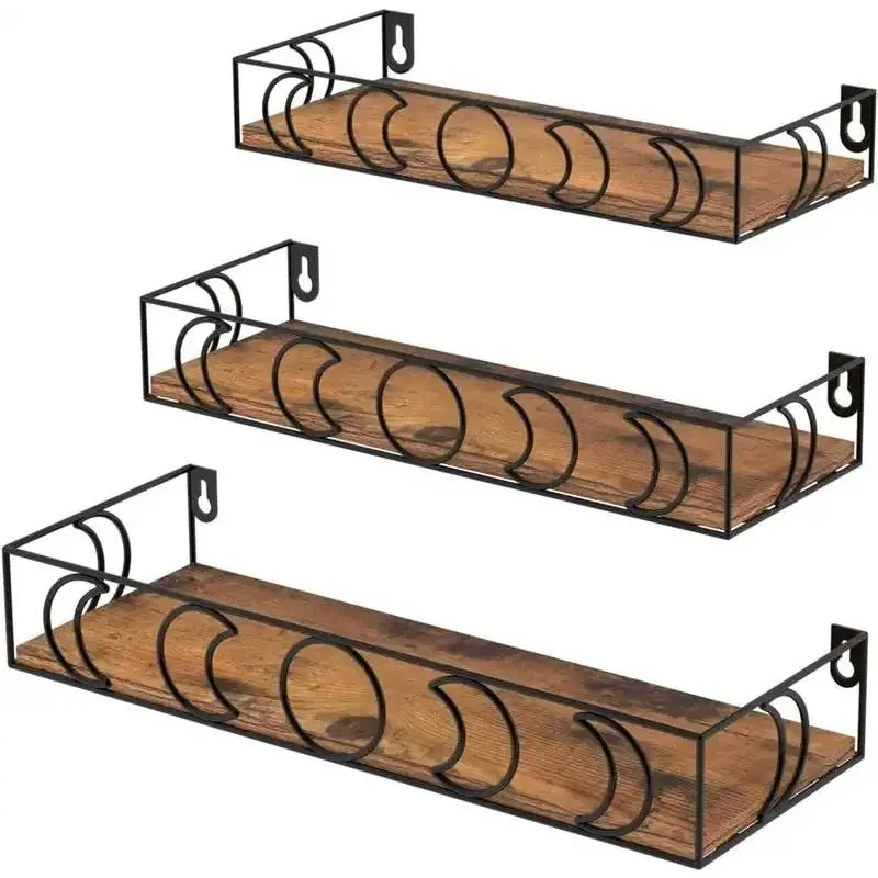 Moon Phase Floating Shelves Brown Black, Set of 3 Small Decorative Wall Shelves for Book  Storage,  Figurine Collectibles Display Shelf for Bedroom  Room