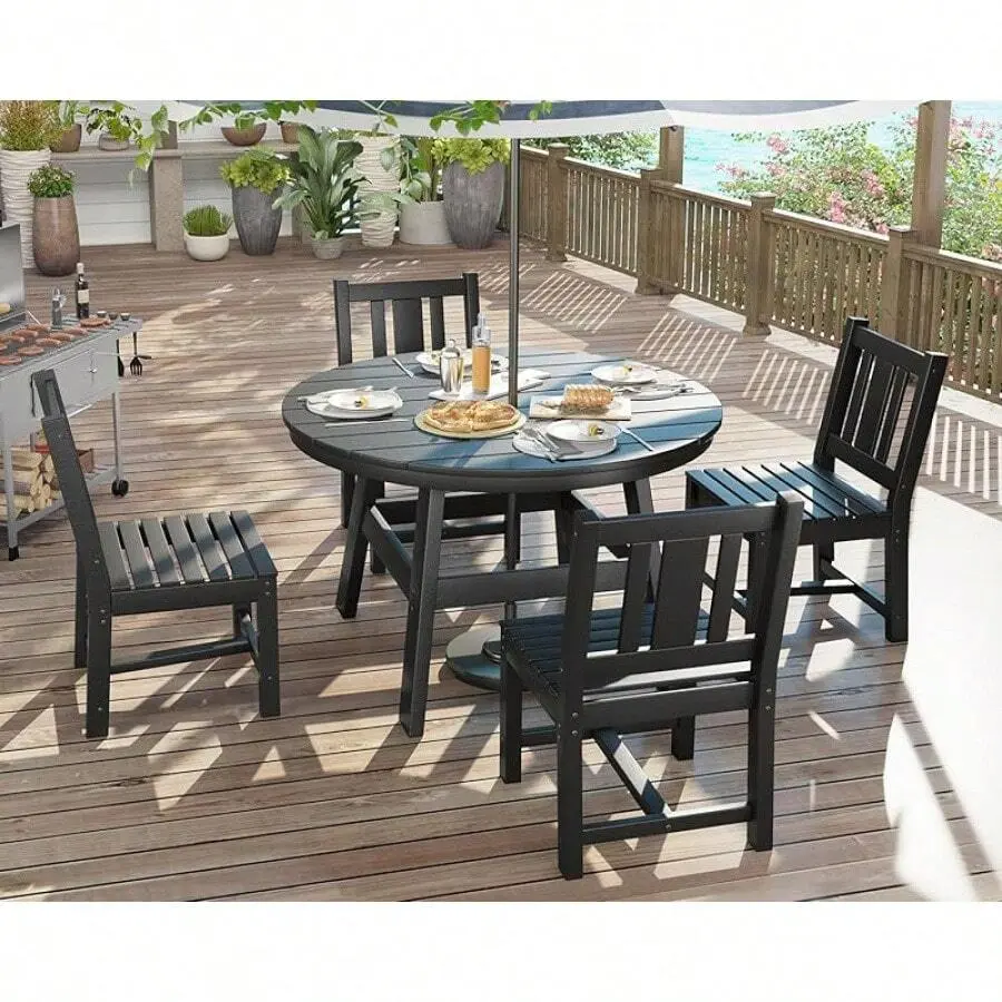 5-Piece HDPE Outdoor Dining Set – All-Weather Patio Furniture With Round Table, Chairs, And Umbrella Hole, Backyard, And Seaside