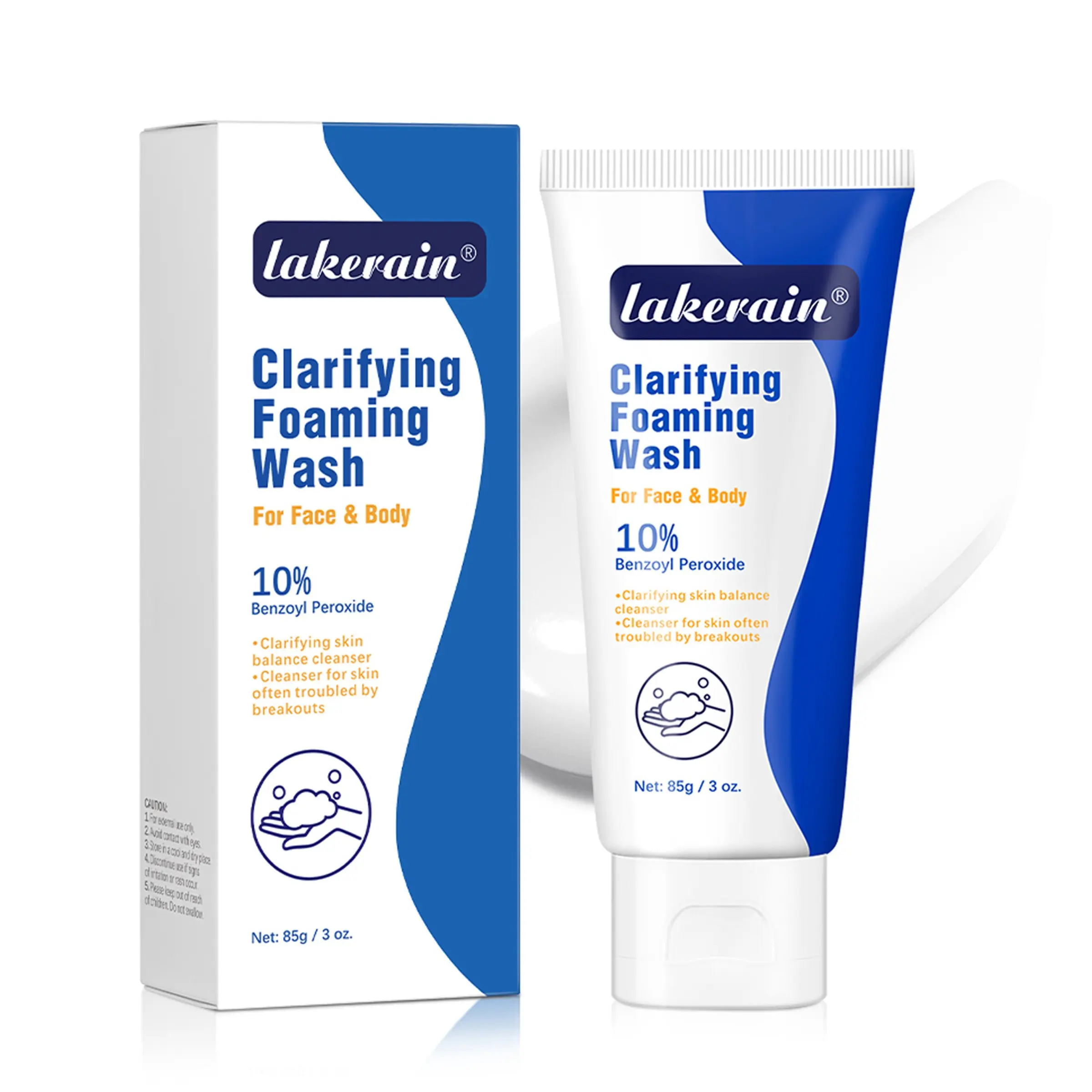Lakerain 10% Benzoyl Peroxide Clarifying Foaming Wash, Gentle Low-Foam Acne Cleanser for Face and Body, Oil Control Pimple & Breakout Treatment Cleansing Wash Suitable for Men and Women, 80g