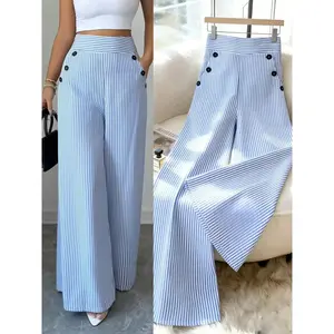 New Spring Summer Fashion Womenswear Simple Woven Elegant Linen Blue Striped Wide Leg Bell Bottom Pants, Hidden Zipper Pockets Button Design Elegance, Street Style, Flexible Fit, Classy, Classy, Stylish