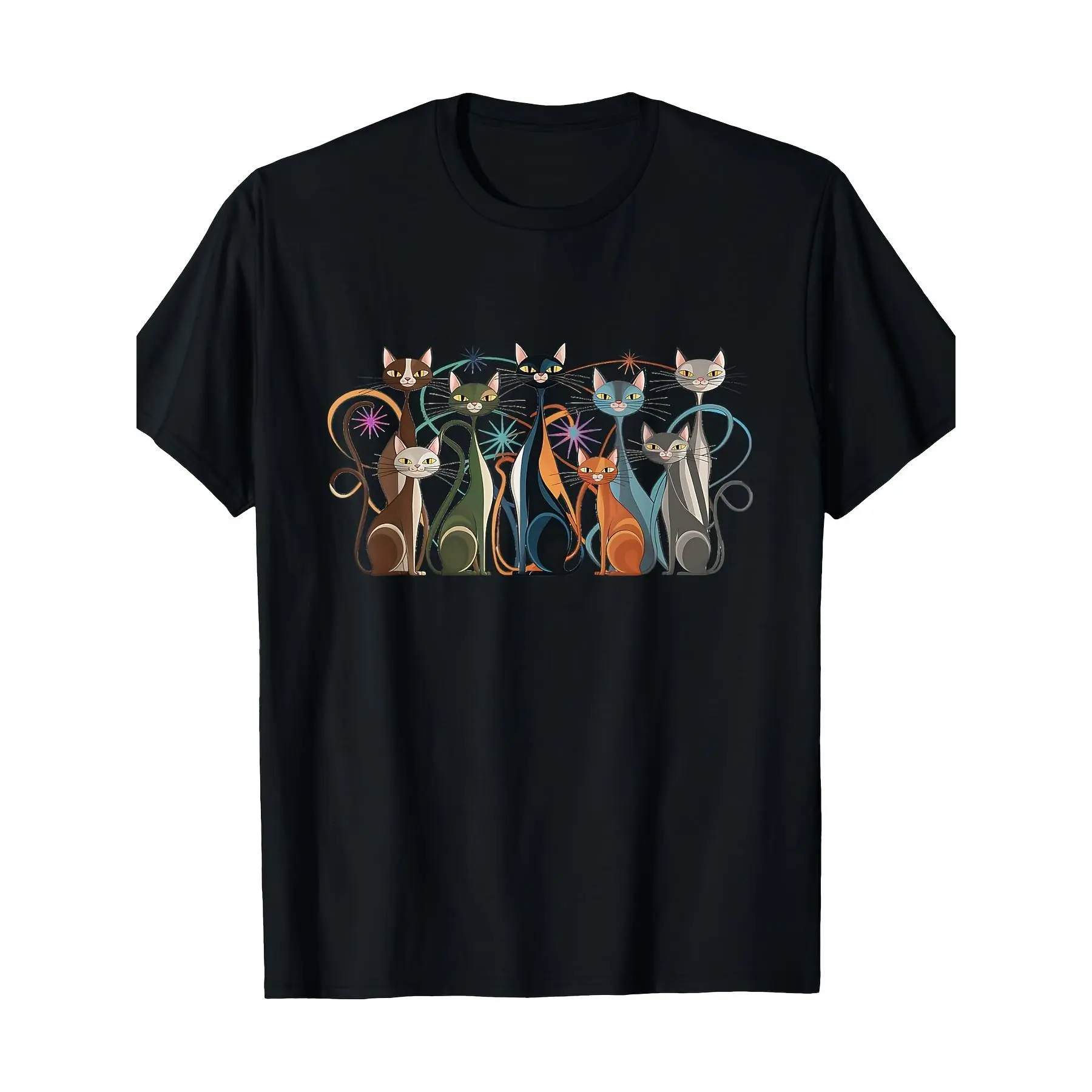 Men's Retro 50s/60s Style Cat-Print T-Shirt - 180g Heavyweight Cotton, Colorful Cat Illustration, Casual Crew-Neck Summer Short-Sleeve Tee; Breathable, Durable, and Machine-Washable |   Fun Design |   Durable Fabric, Cat-Themed Apparel