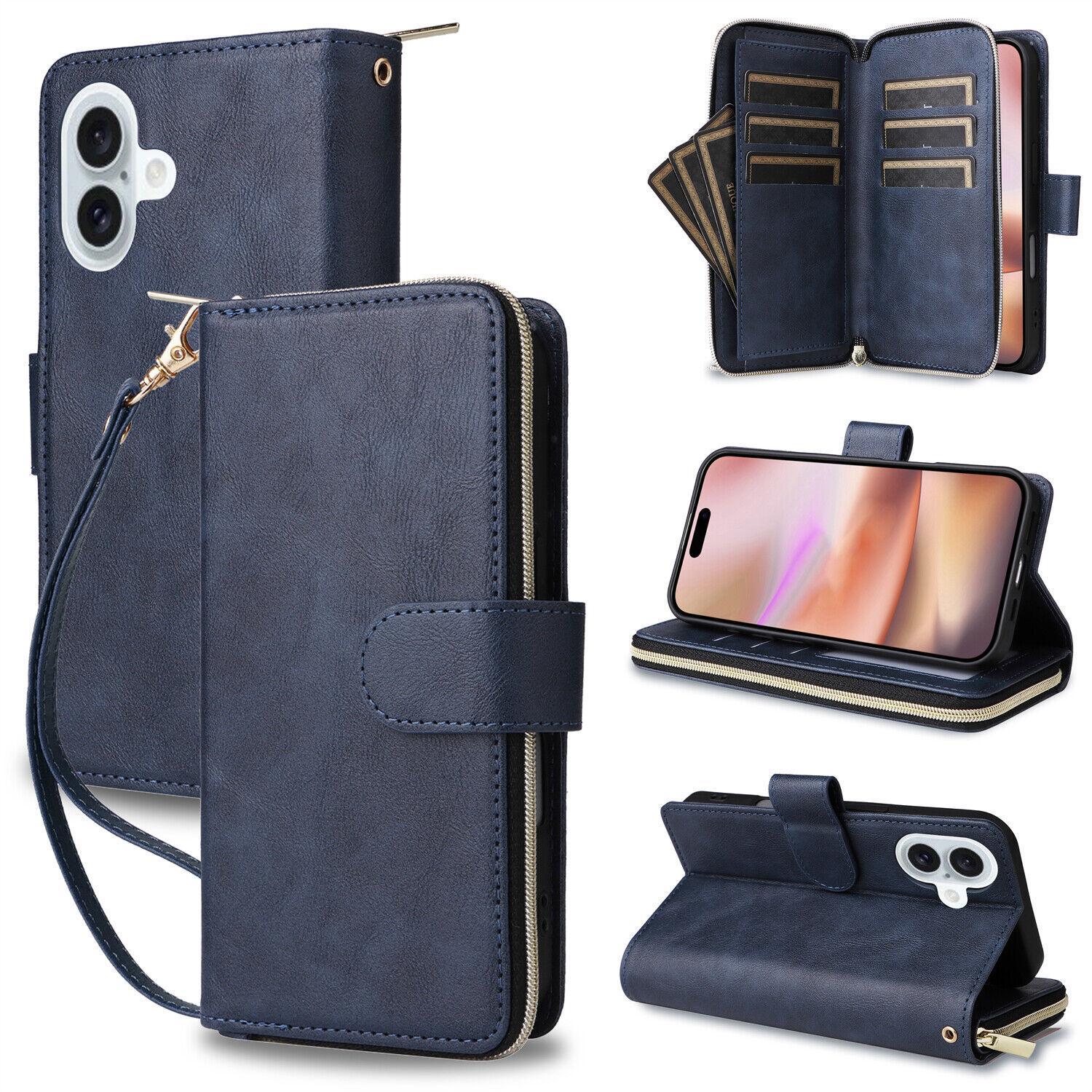 [Free !ship] For iPhone 17 Pro Max 16 15 Plus 14 Pro Max 13 12 11 Pro Max Luxury Large Capacity PU Leather Zipper Wallet Case Card Slots Cash Coin Purse Bag Full Shockproof Flip Stand Cover