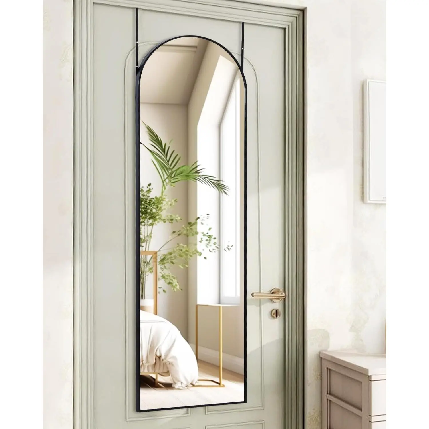 Full Length Mirror 48x14 Inches - Over The Door  Mirror for Bedroom, Living Room, Closet - Arch Floor Mirror, Door Mirror with Black Frame - No Drill Easy Install