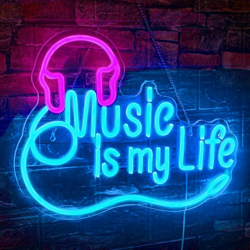 Music is my life LED neon sign, 1 piece music neon wall decoration light, dimmable headset neon light, bedroom, music studio, club, birthday, music party, live music night decoration LED wall lamp gift