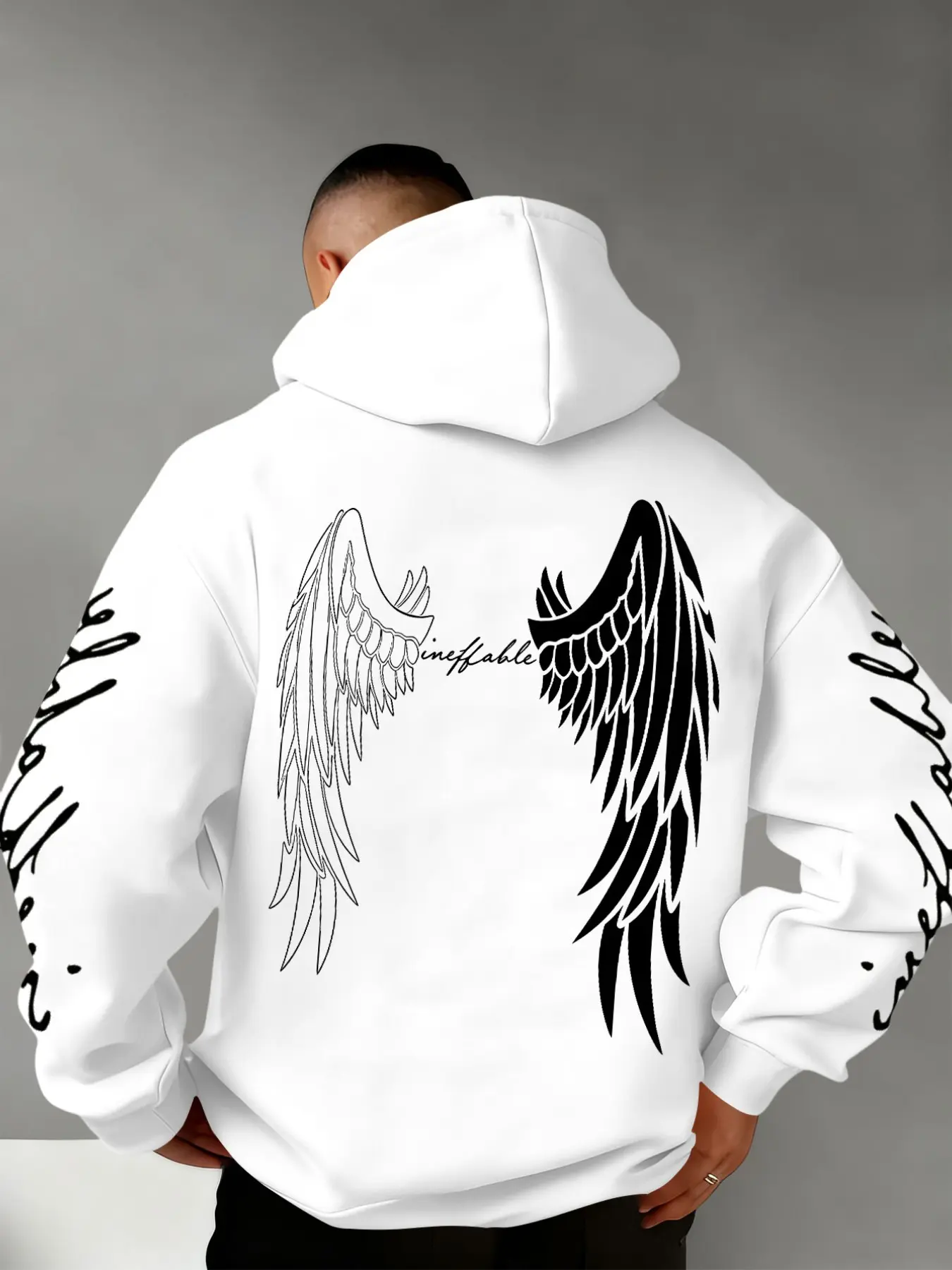 American Street Style Asymmetric Wing Print Hoodie for Men, Dark Trendy Loose Shoulder Cap Sleeve Sweatshirt, Casual Fashion Top