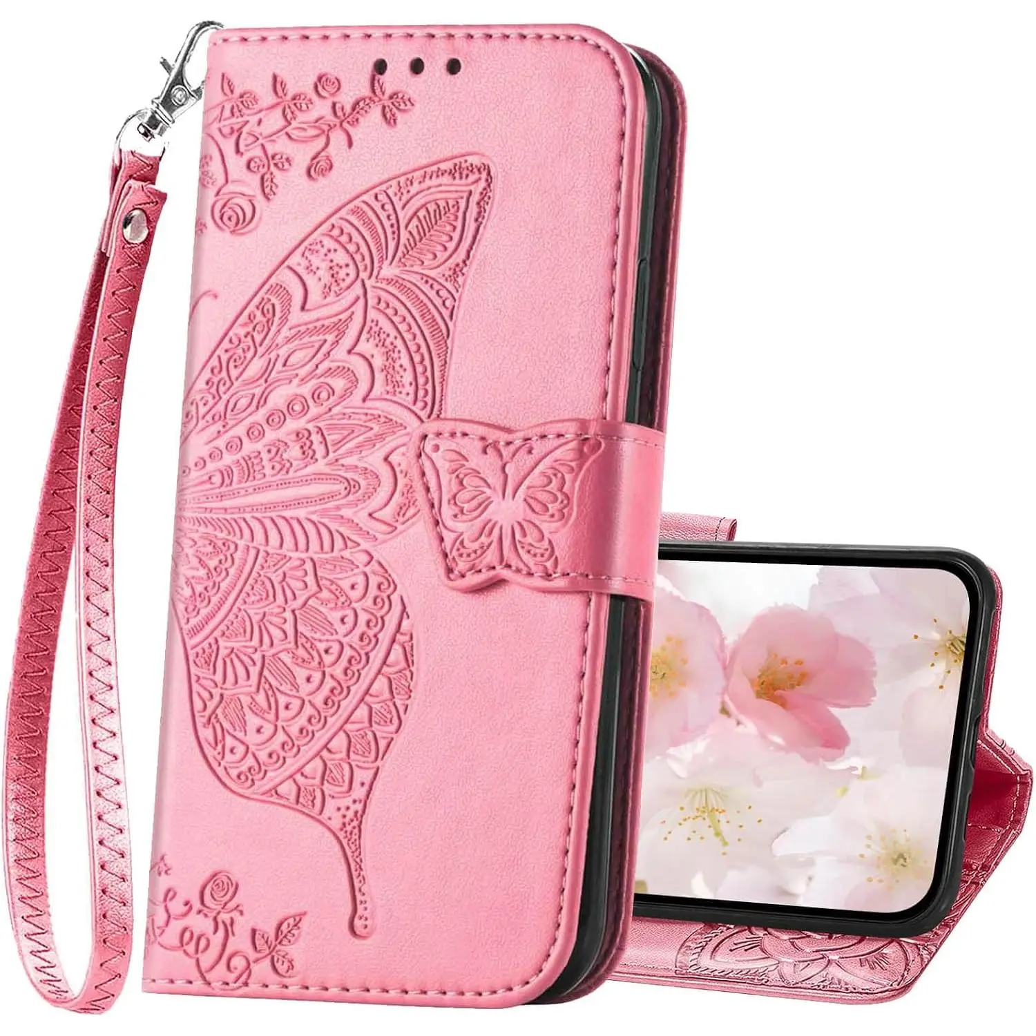 for  17e Wallet Case for Women,Butterfly Embossed Flip Folio PU Leather Stand Card Holder Slots Phone Protective Cover 6.1" ()