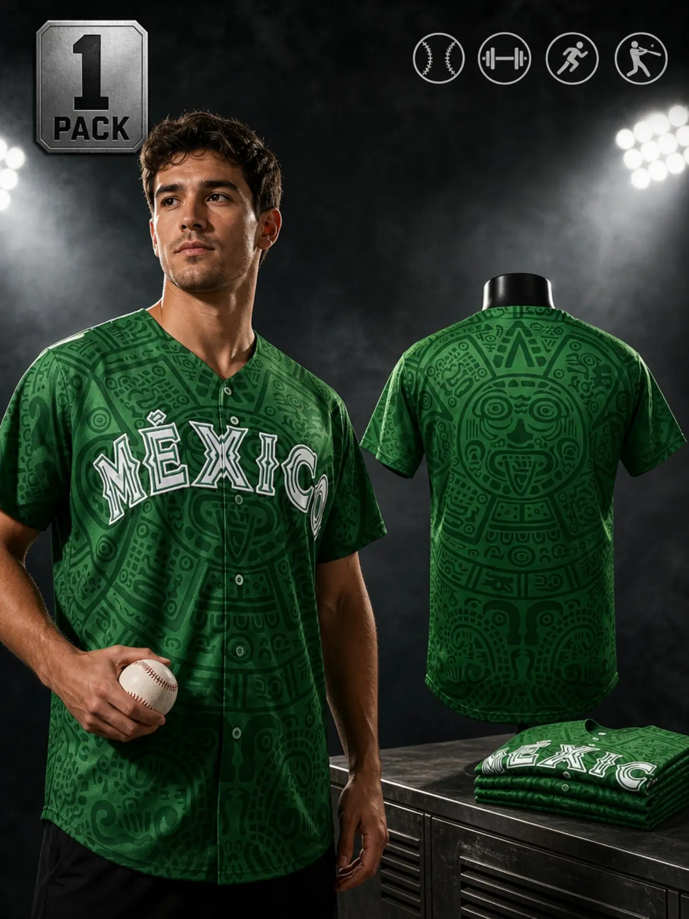 KTYSDE Unisex Mexico Aztec Stitched Baseball Jersey Button Down Short Sleeve Casual Athletic Wear