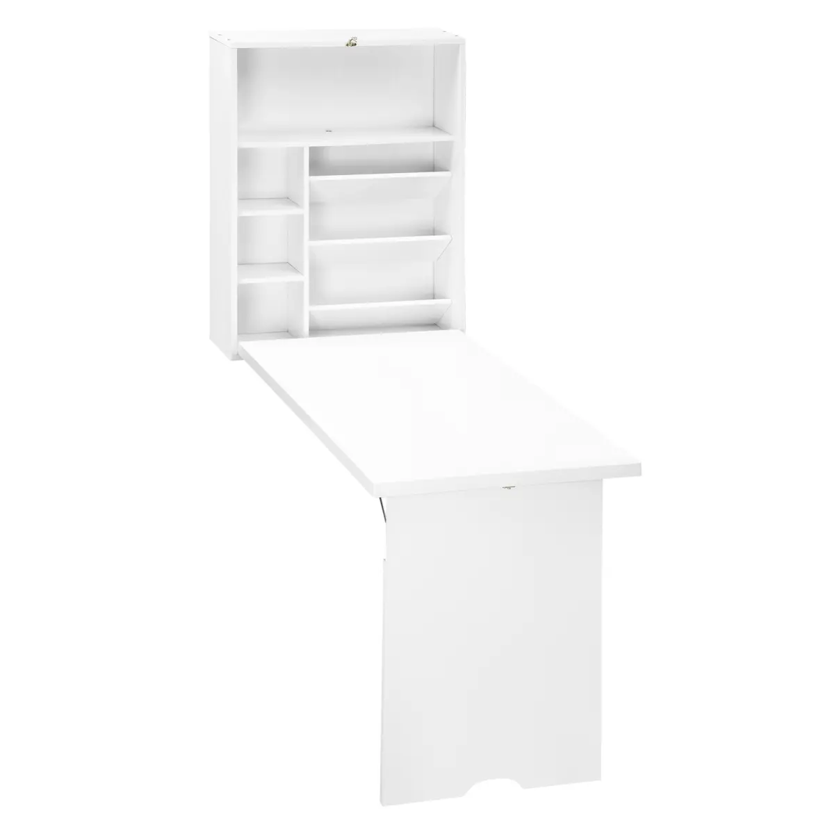 White MDF Wall-Mounted Fold-Out Convertible Hanging Desk - Multi-Function Floating Office Desk with Storage Shelf for Home Office Use