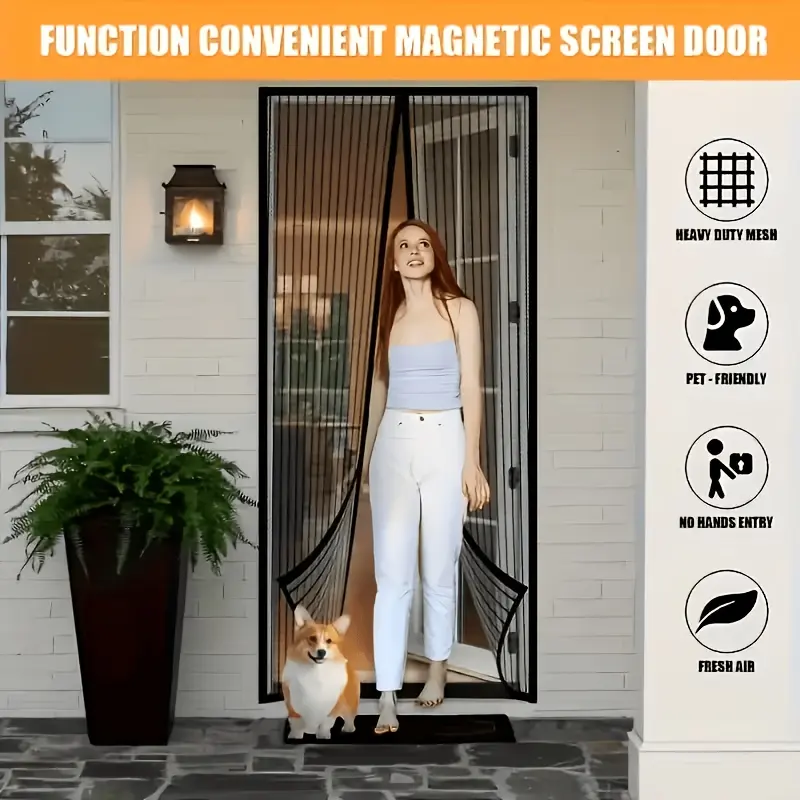 Magnetic Striped Screen Door, Self-Sealing Anti Mosquito Mesh Curtain, No Drill Hook Tape Installation, Breathable Fine Net For Front Door Balcony Bedroom, Washable Durable With Storage Straps, Household Insect Screen For Apartment