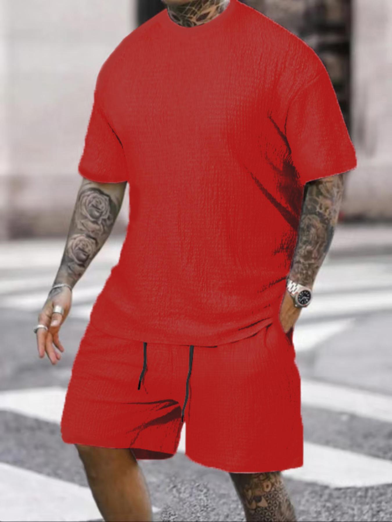 Men's Solid Textured Round Neck Tee & Drawstring Waist Shorts Pyjama Set, Short Sleeve Top & Shorts Set, Casual Comfy Men's Sleepwear & Loungewear, Menswear, Pajama Set