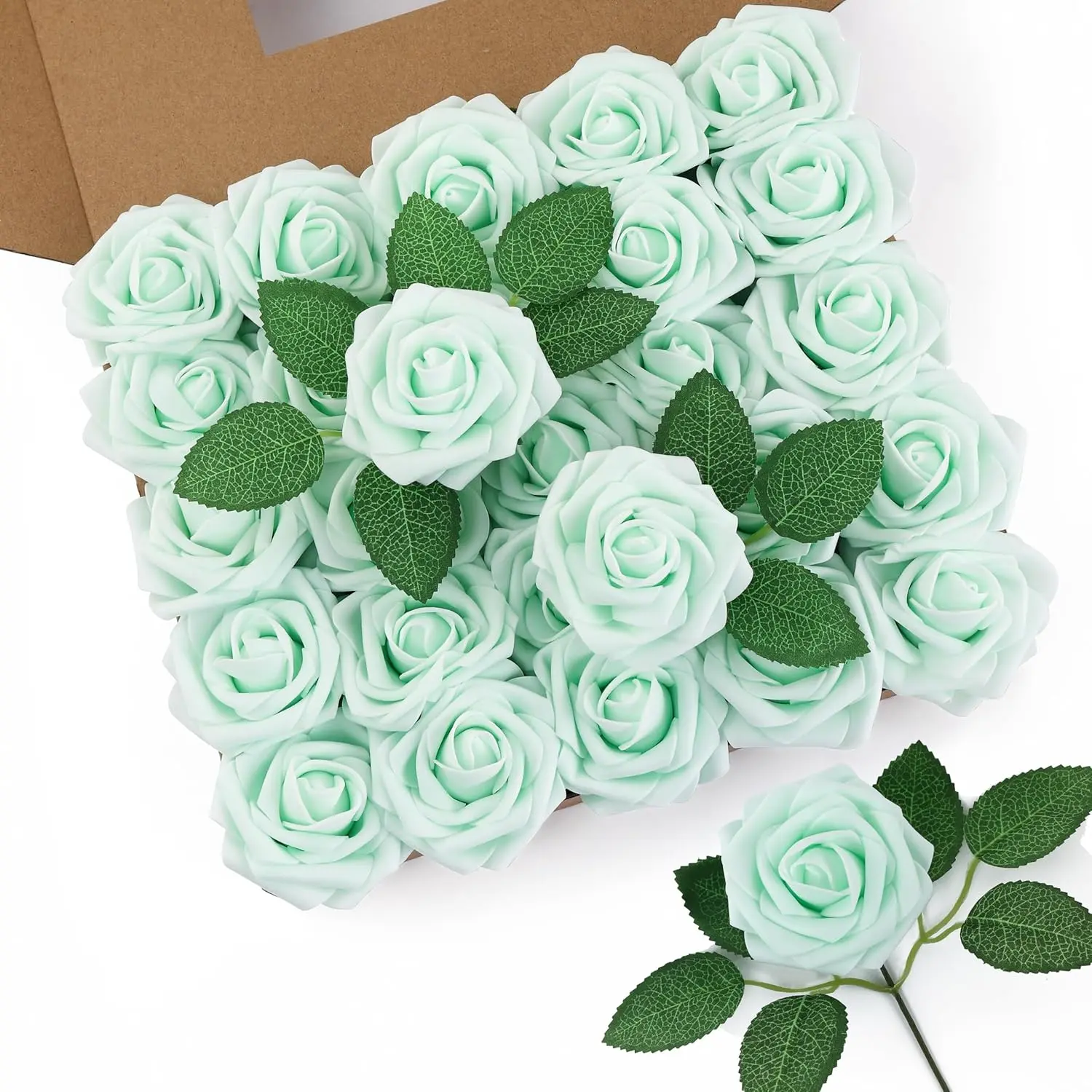 50pcs Foam Decorative Roses Pack - Synthetic Flowers with Realistic Touch, Universal Gift for Wedding Bouquets, Home Holiday Decor (Mint Green)