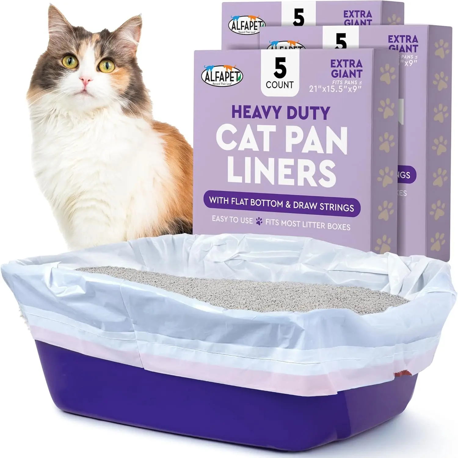 Cat Litter Box Liners Alfapet Heavy Duty Flat Bottom- Extra Giant 15 Count - Tear-Resistant Cat Litter Bags - Kitty Litter Liners for Rectangular Litterbox Pans, 36" x 18" x 2MIL Thick 30 lb Capacity